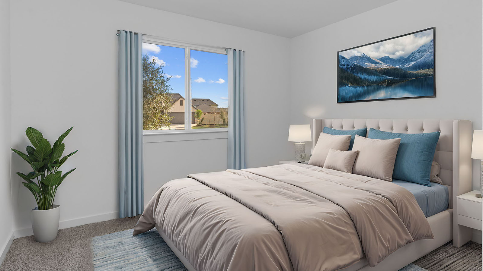 A third bedroom with neutral walls, plush carpet flooring and a separate closet.