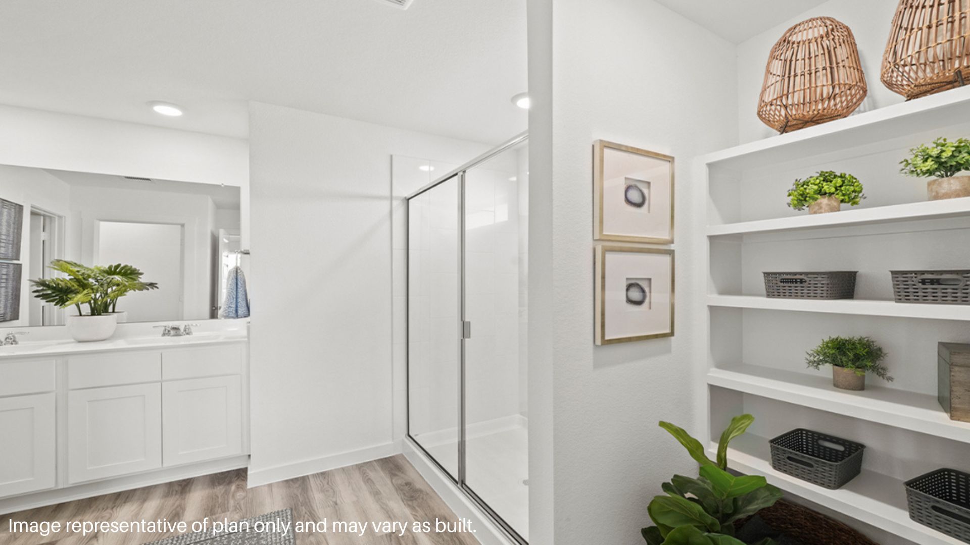 Primary bathroom with built in shelving
