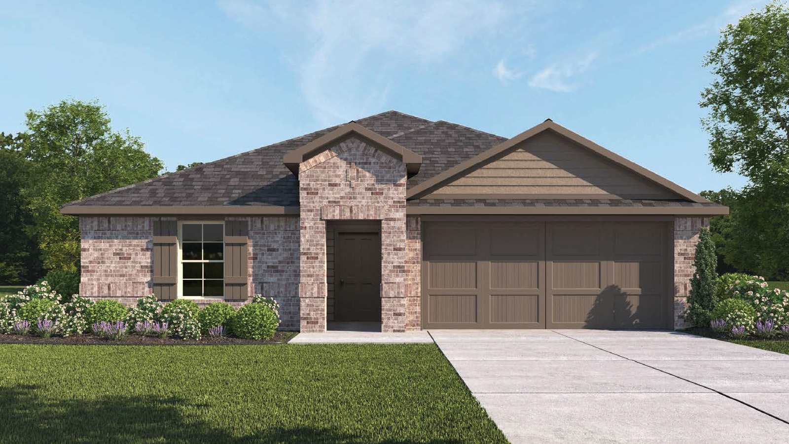 Single-story home rendering of Cali/X40I O elevation with two-car garage.