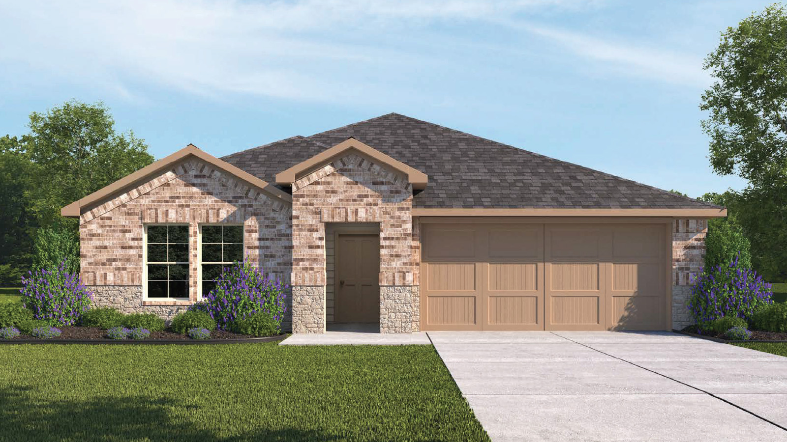 Single-story home rendering of Cali/X40I P elevation with two-car garage.