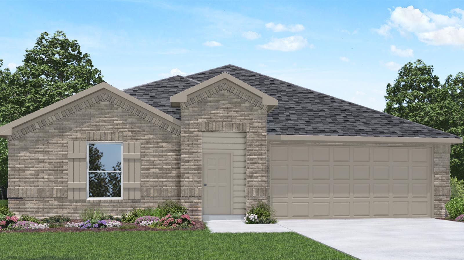 Single story brick home with a two car garage rendering