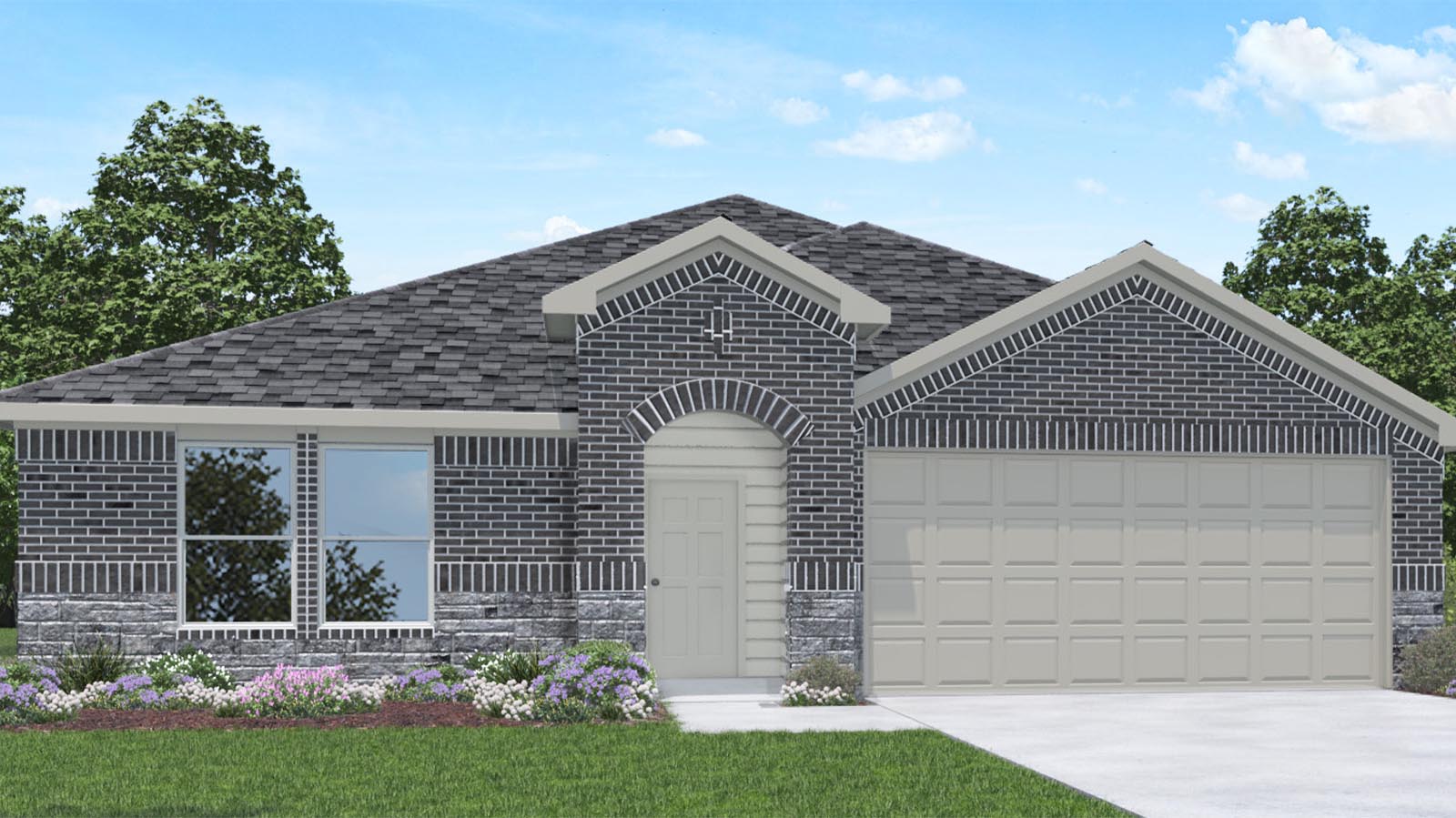 Single story brick home with a two car garage rendering