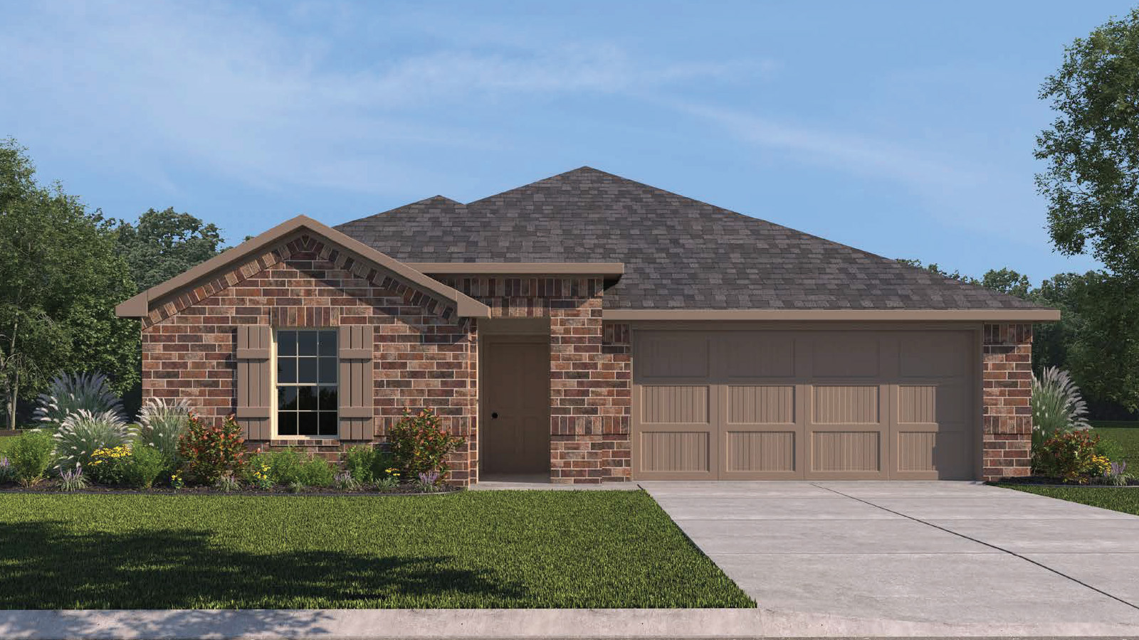 Single-story home rendering of Lakeway/X40L O elevation with two-car garage.