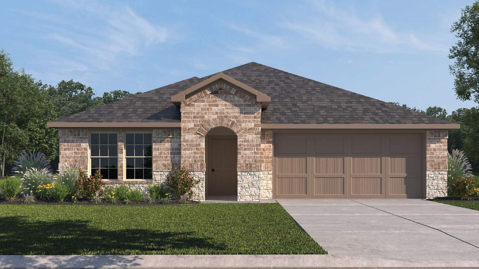 Single-story home rendering of Lakeway/X40L P elevation with two-car garage.