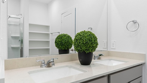 Primary bathroom vanity with two sinks and a large mirror