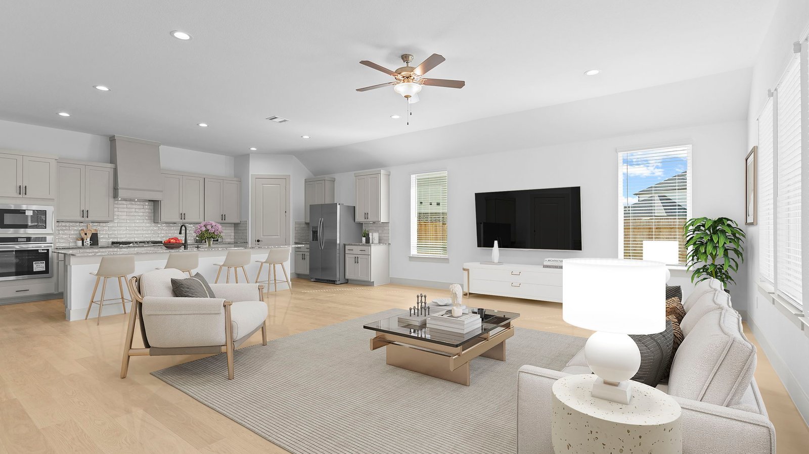 living room with multiple windows