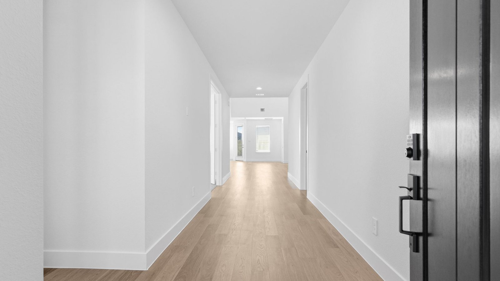Entry hallway leading to living room and kitchen in the background.
