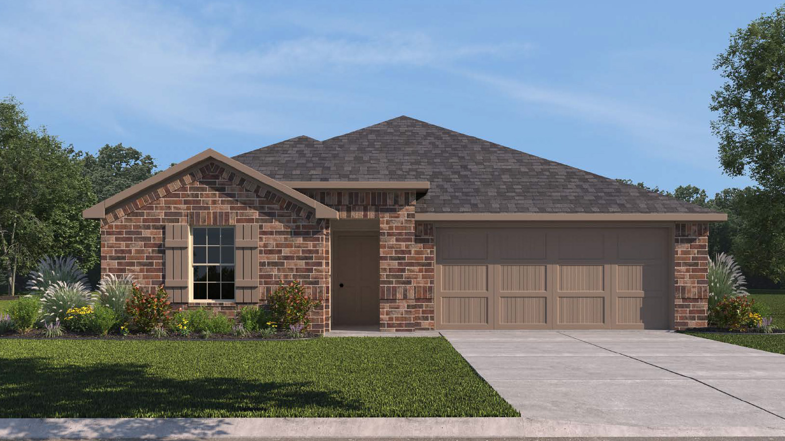 single story home with a two car garage rendering