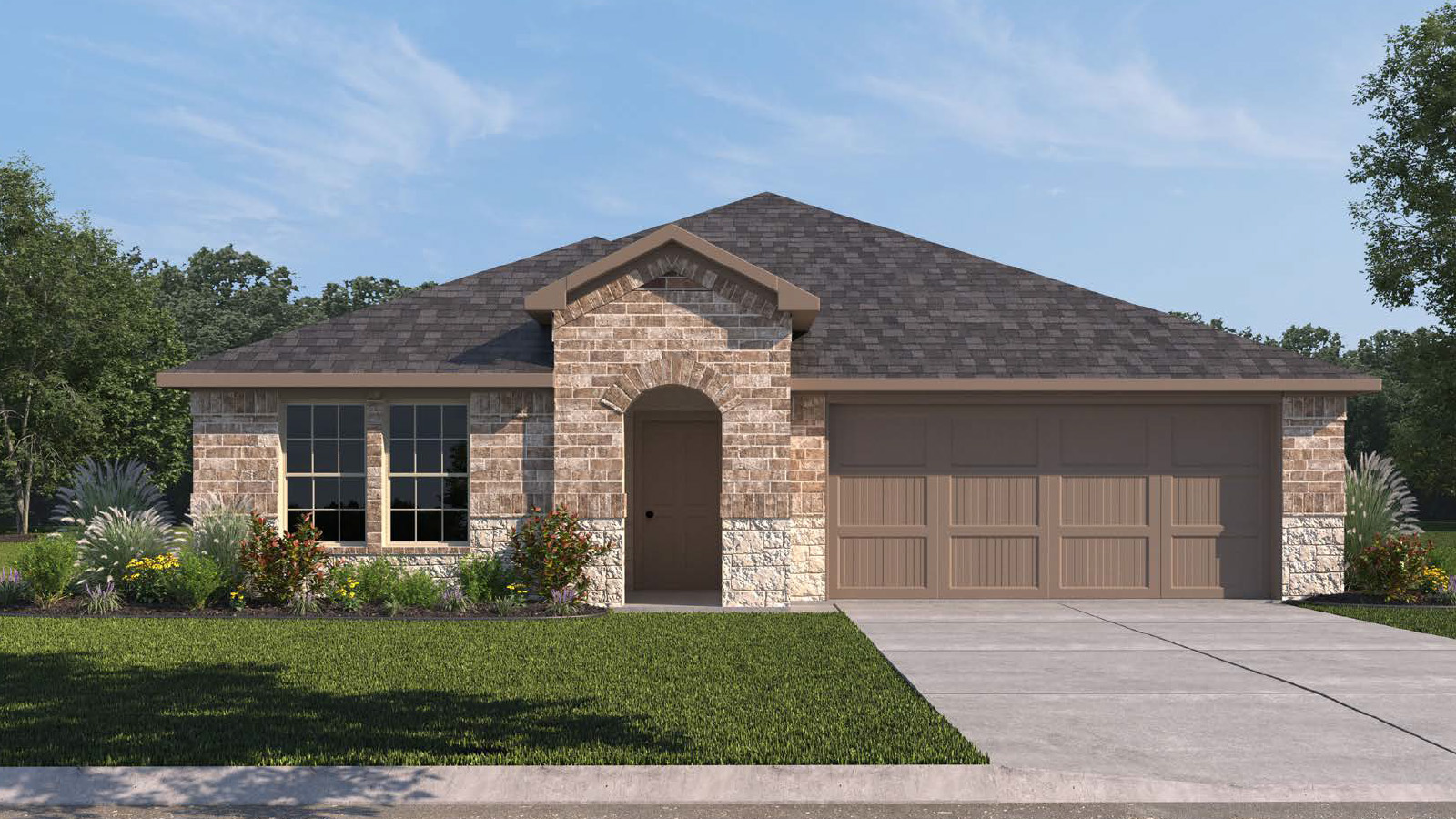 single story home with a two car garage rendering
