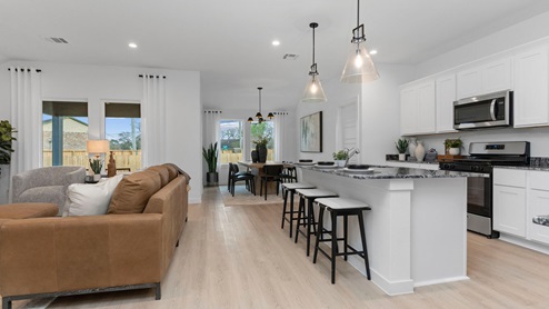 Open concept kitchen, living, and dining room.