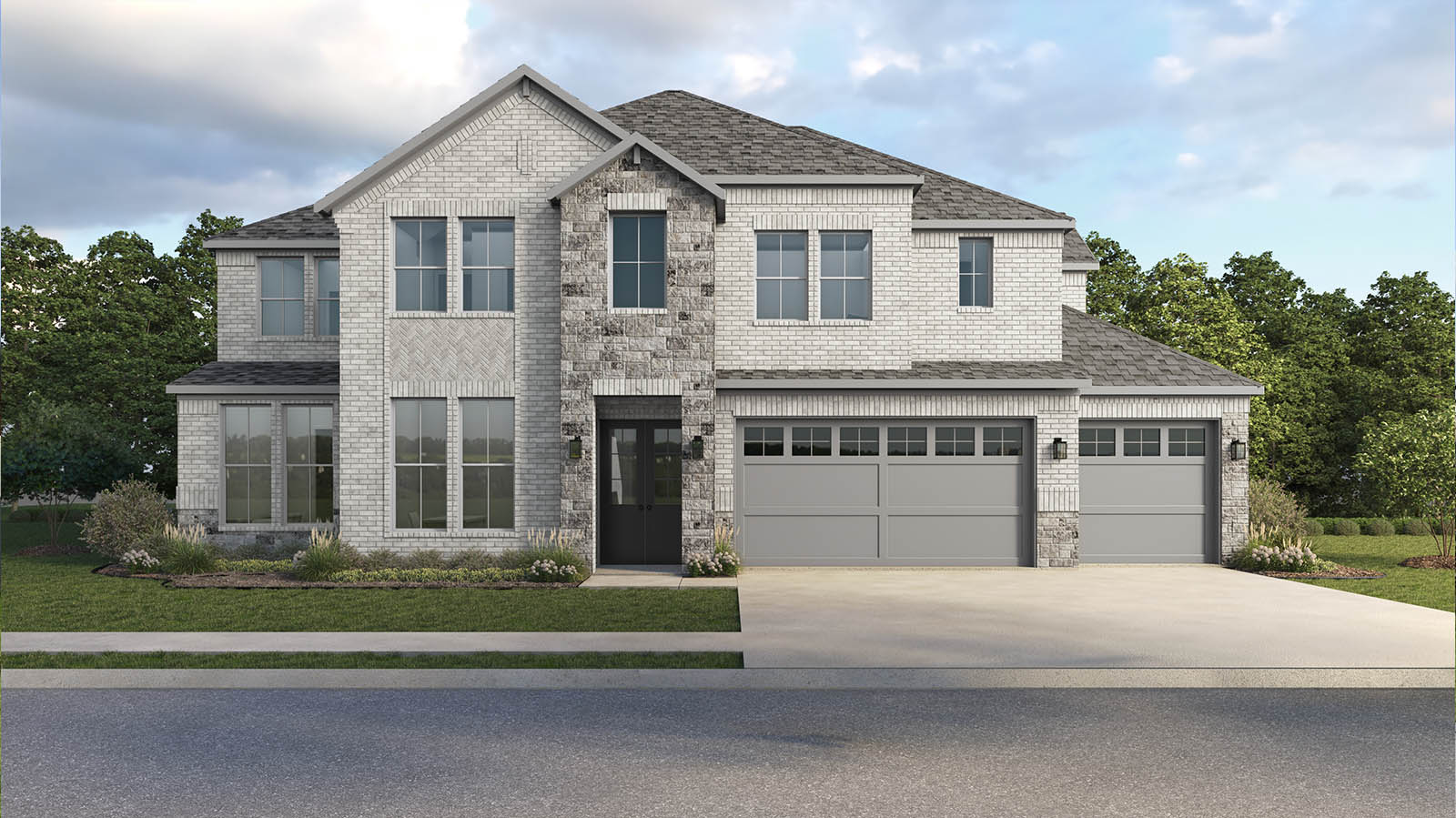 the positano plan is a two-story five bedroom home with four and a half bathrooms, a covered patio, and a three car garage