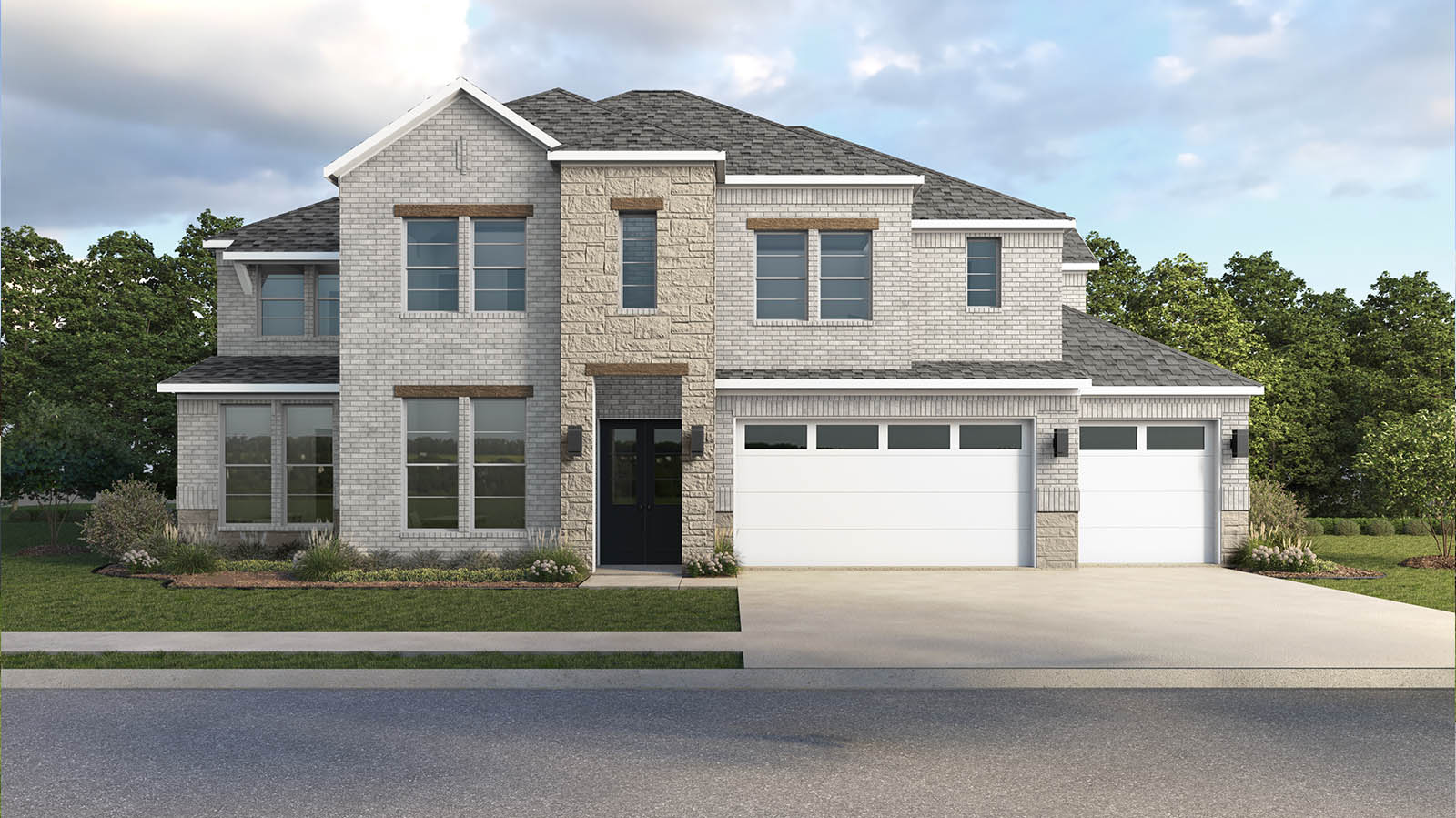 the positano plan is a two-story five bedroom home with four and a half bathrooms, a covered patio, beverage bar and a three car garage