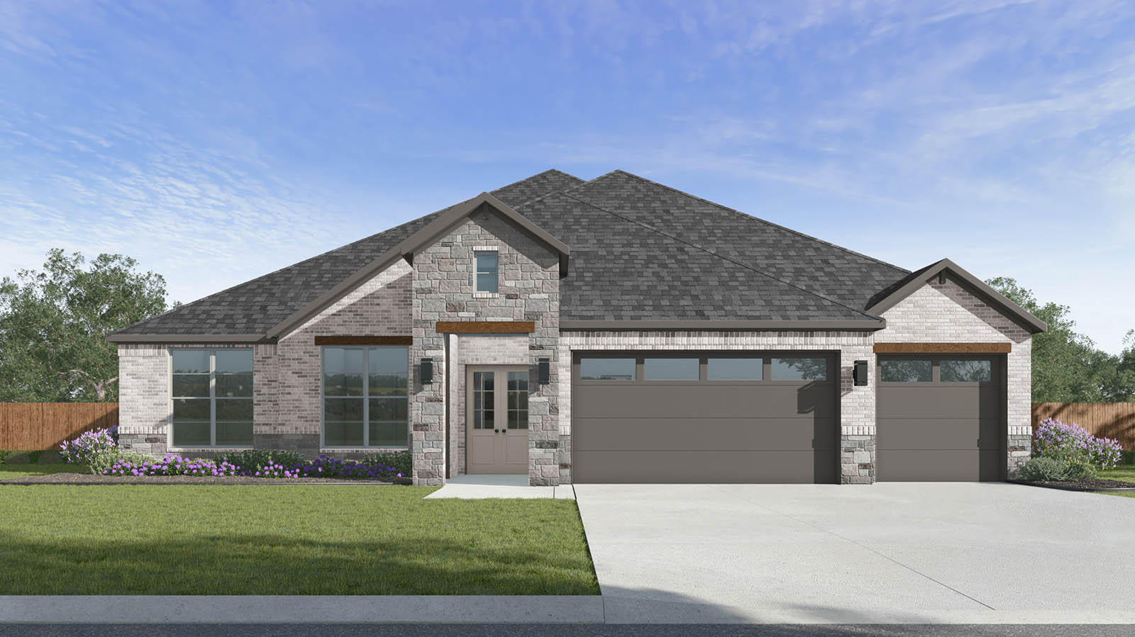 the amalfi plan is an expansive one-story home in dark exterior brick colorwith four bedrooms and three and a half bathroom with a three car garage
