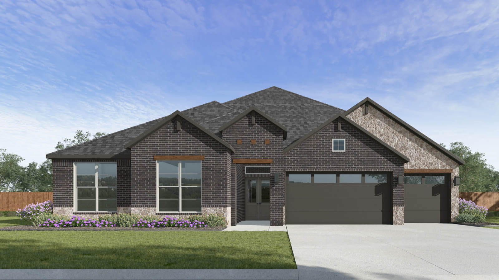 the portofino plan is a one-story home with dark brick exterior with four bedrooms, four and a half bathrooms and a three car garage