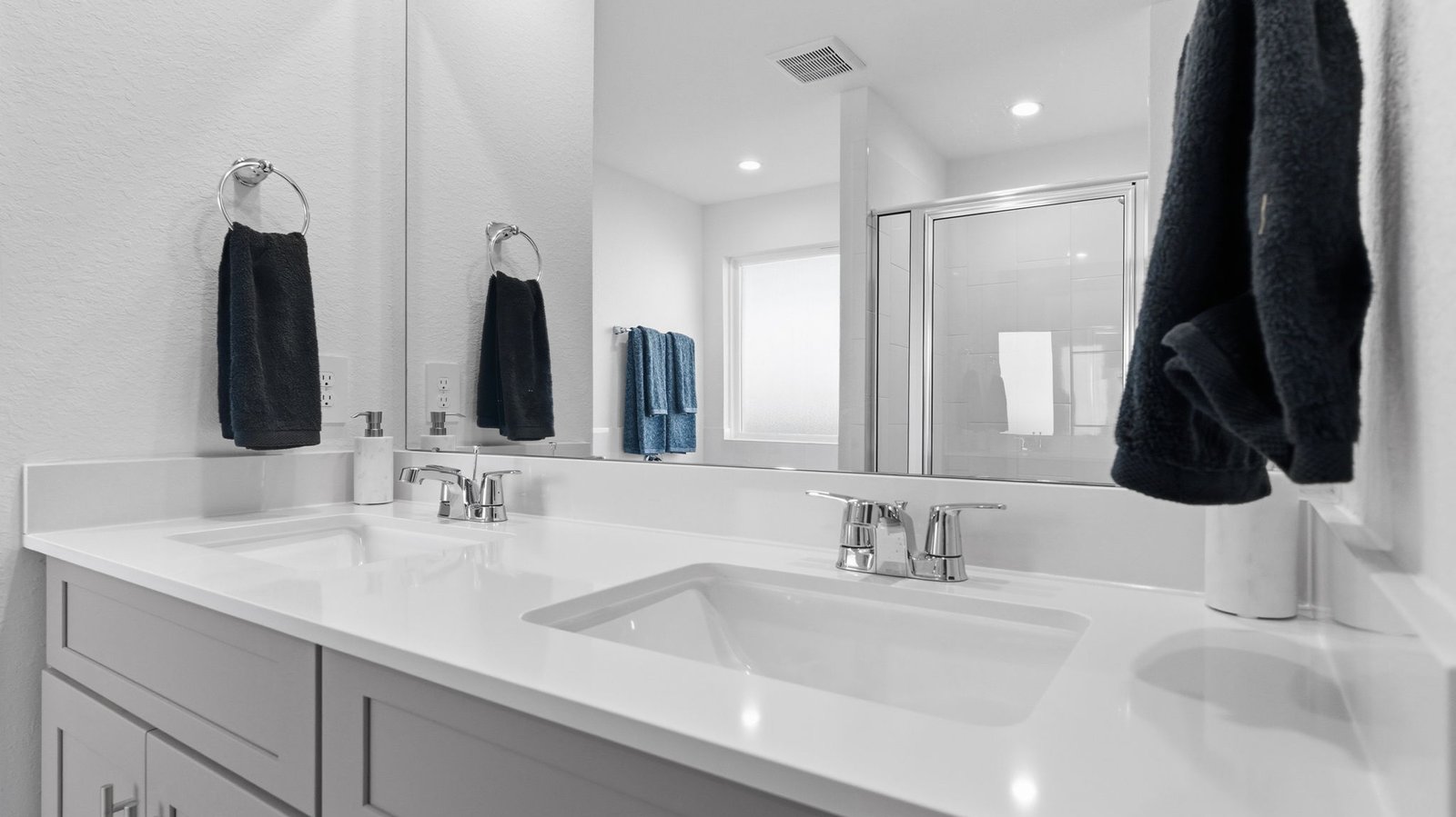 primary bathroom vanity with two sinks
