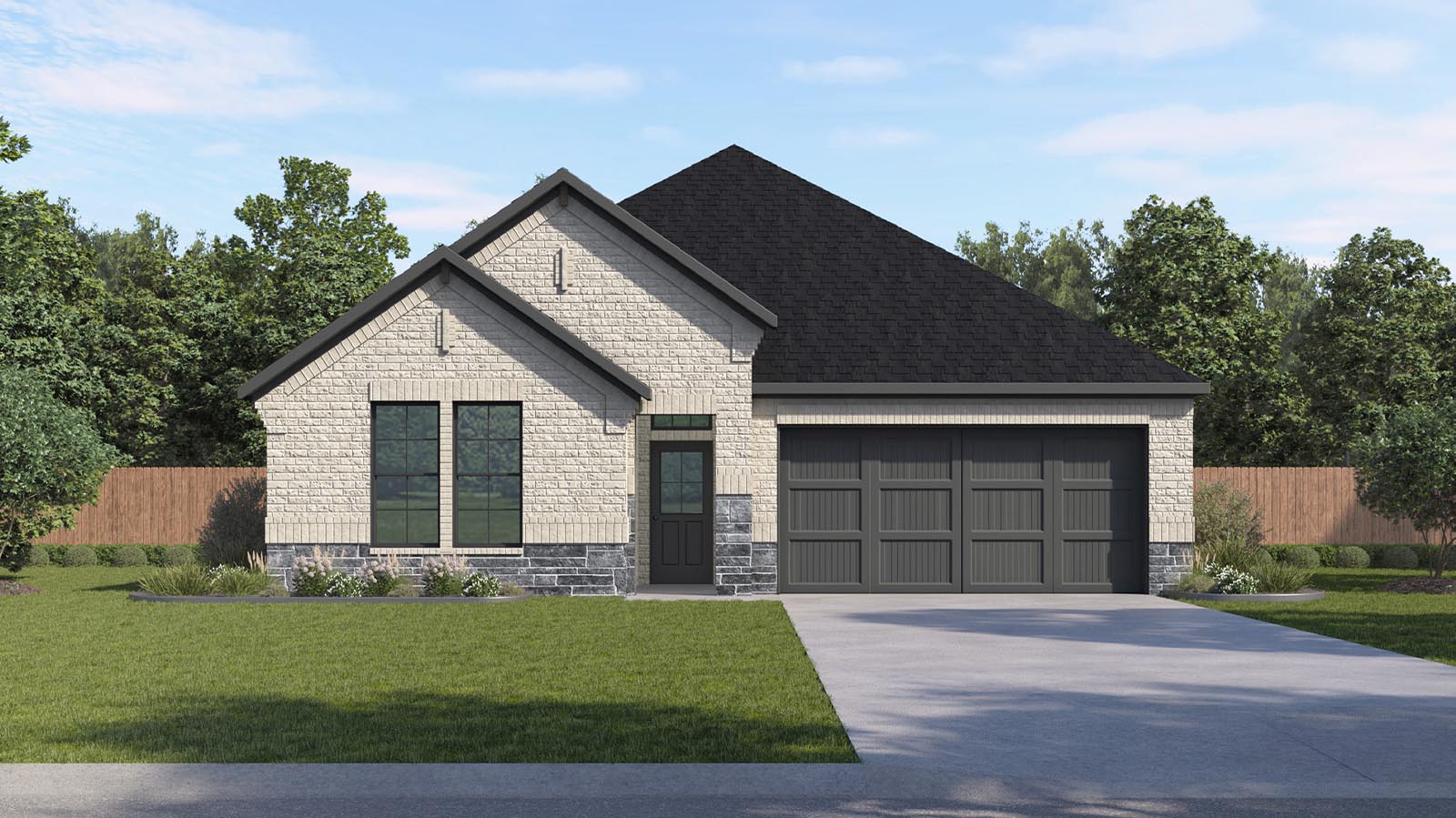 single story brick home with a two car garage rendering