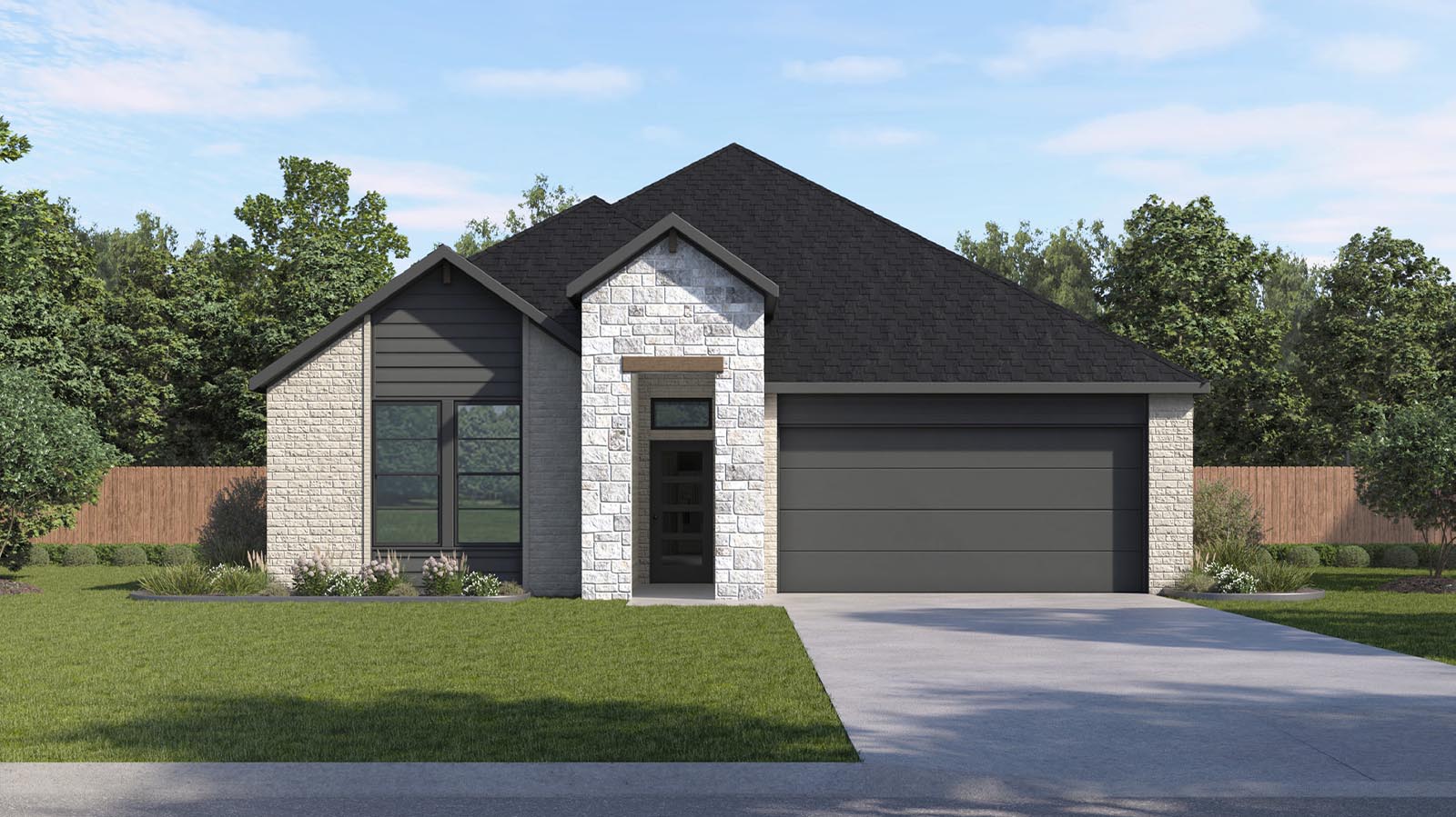 single story brick home with a two car garage rendering
