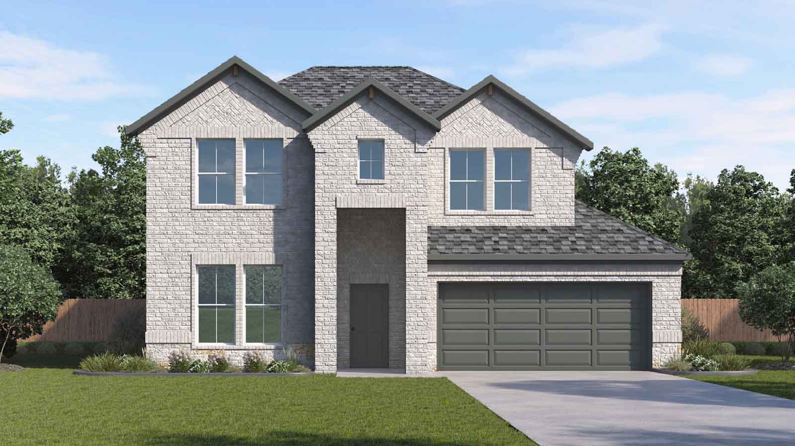 two story brick home with a two car garage rendering