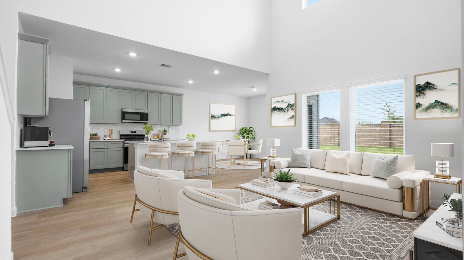 living room with tall ceilings and large windows
