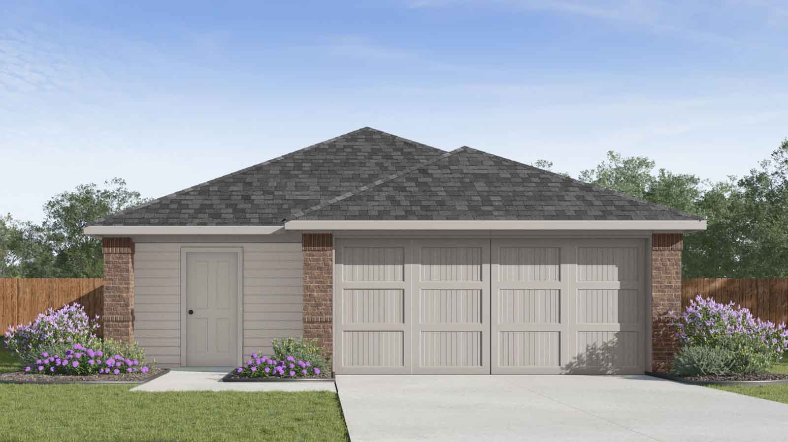 Single story rendering with a two car garage