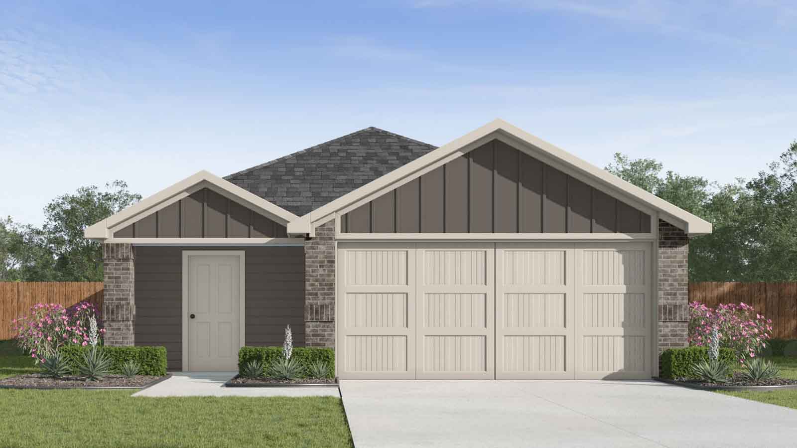 Single story rendering with a two car garage