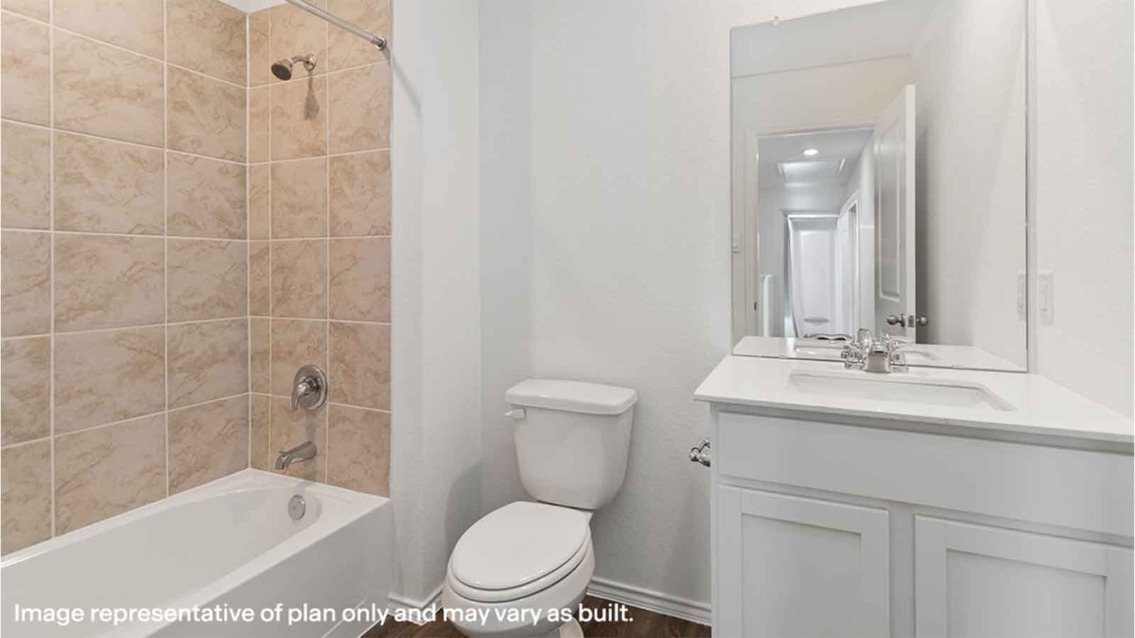 secondary bathroom with one sink and bathtub shower combo