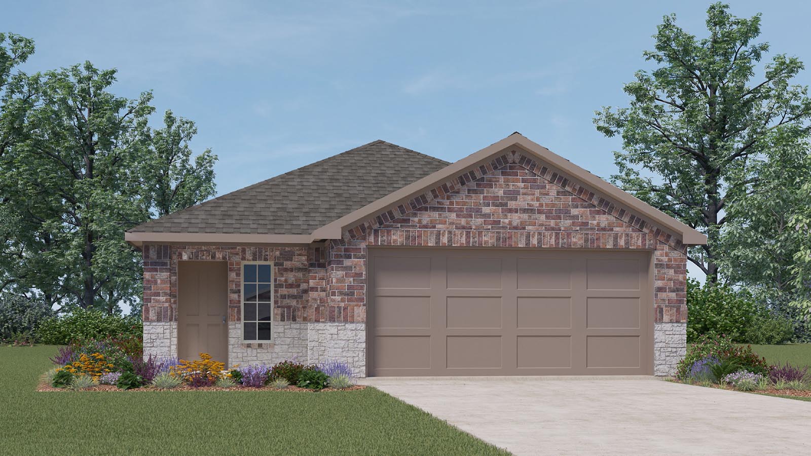 Single story brick home with a two car garage
