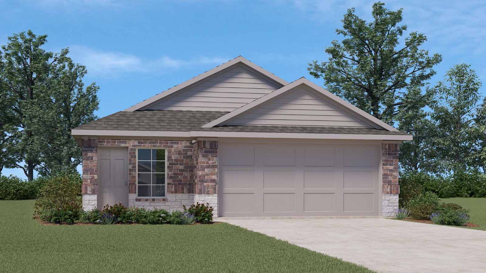 Single story home with a two car garage rendering