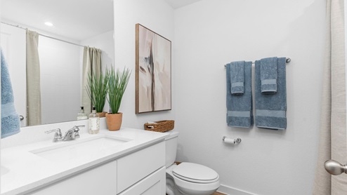 Secondary bathroom vanity with one sink and a large mirror