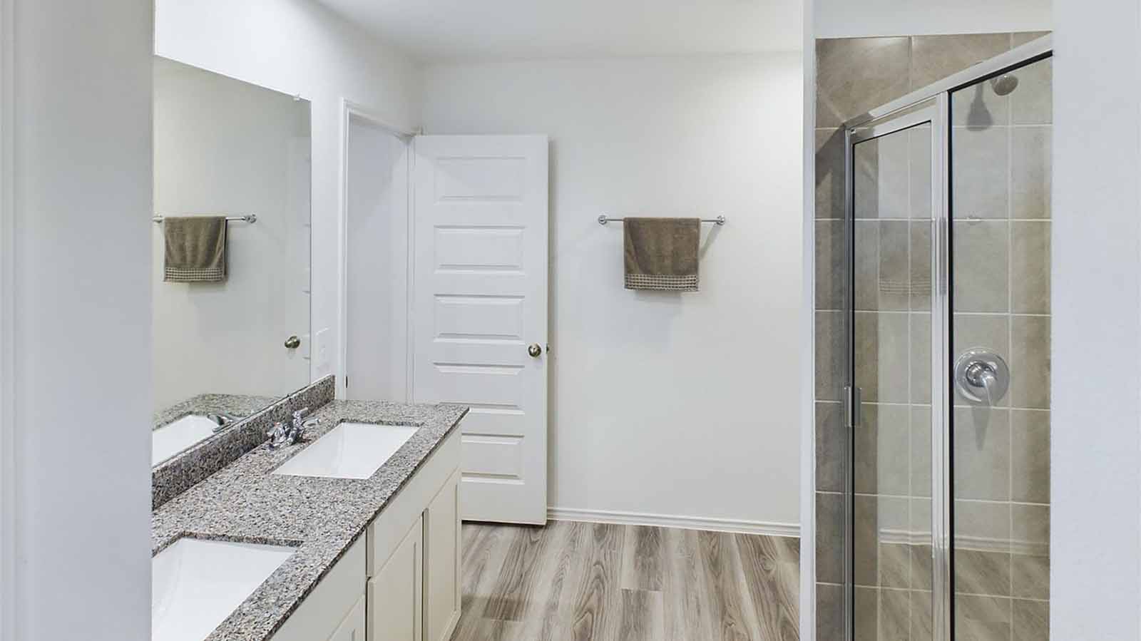 Primary bathroom vanity with two sinks and a large mirror