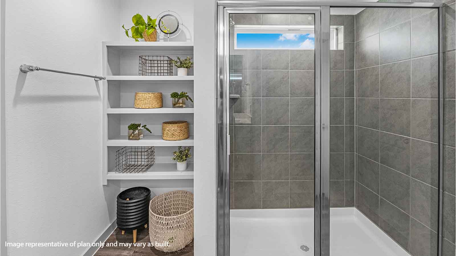 Primary bathroom with a shower and open shelving