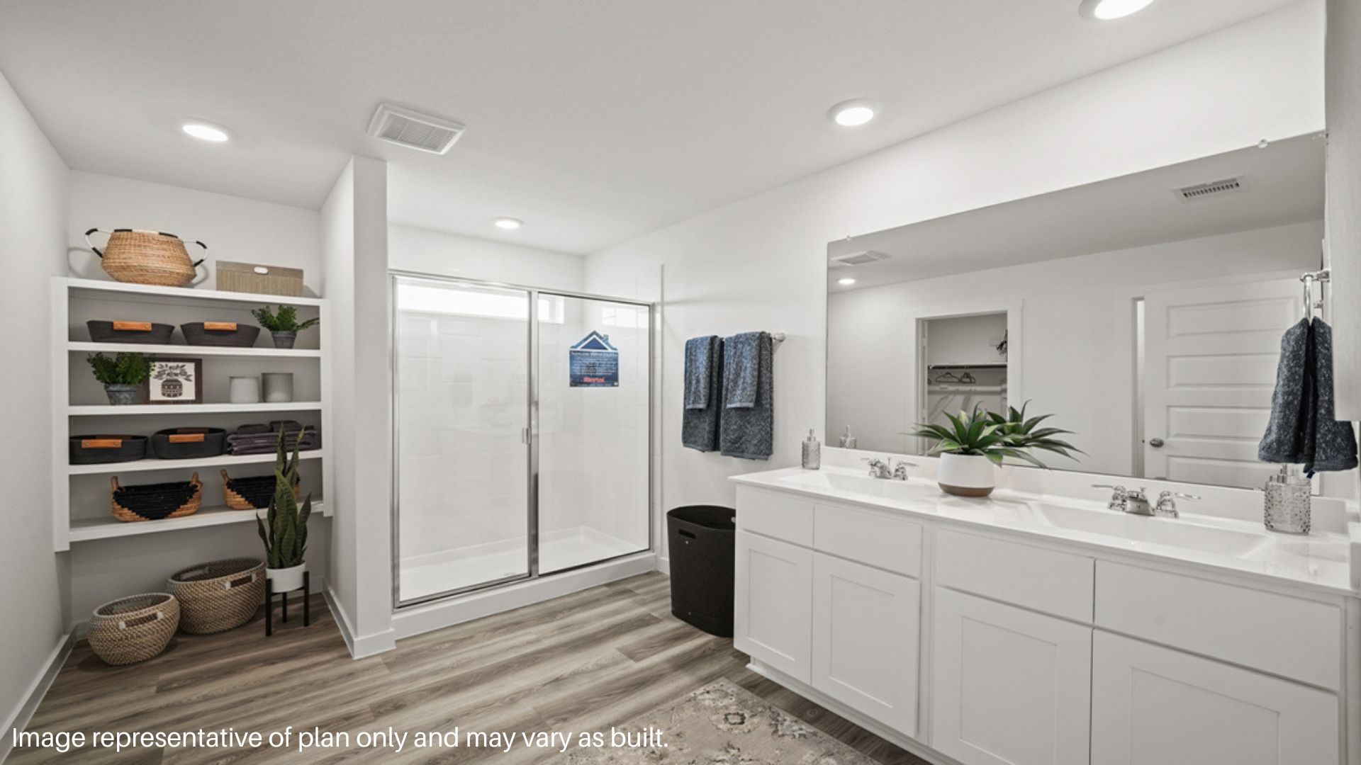 Primary bathroom with shower and open shelving