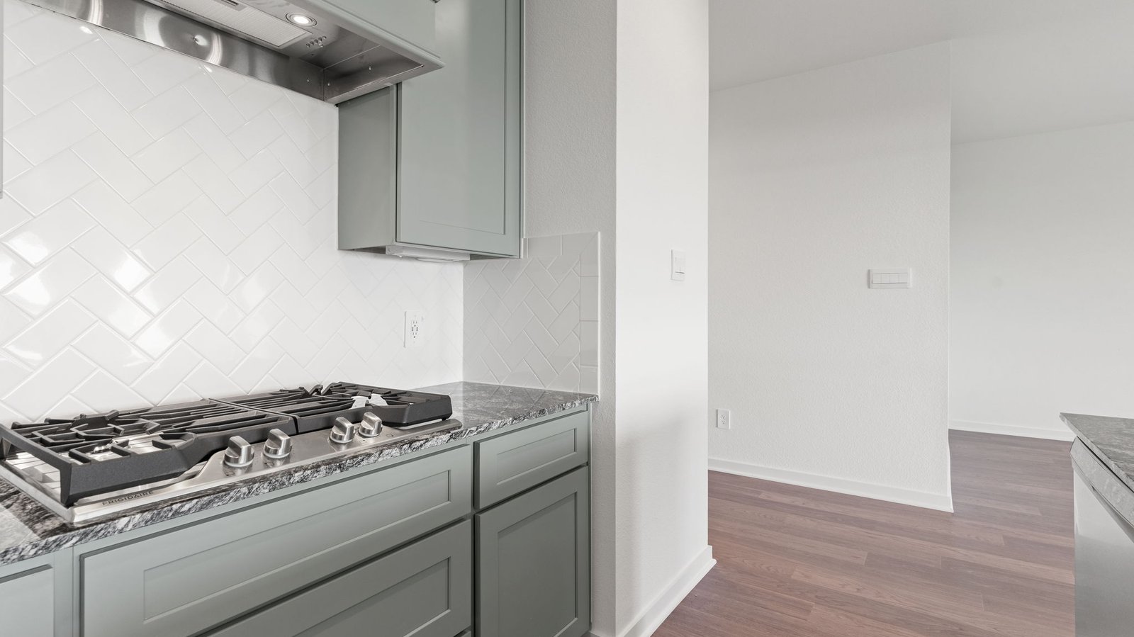 Interior kitchen with grey cabinets
