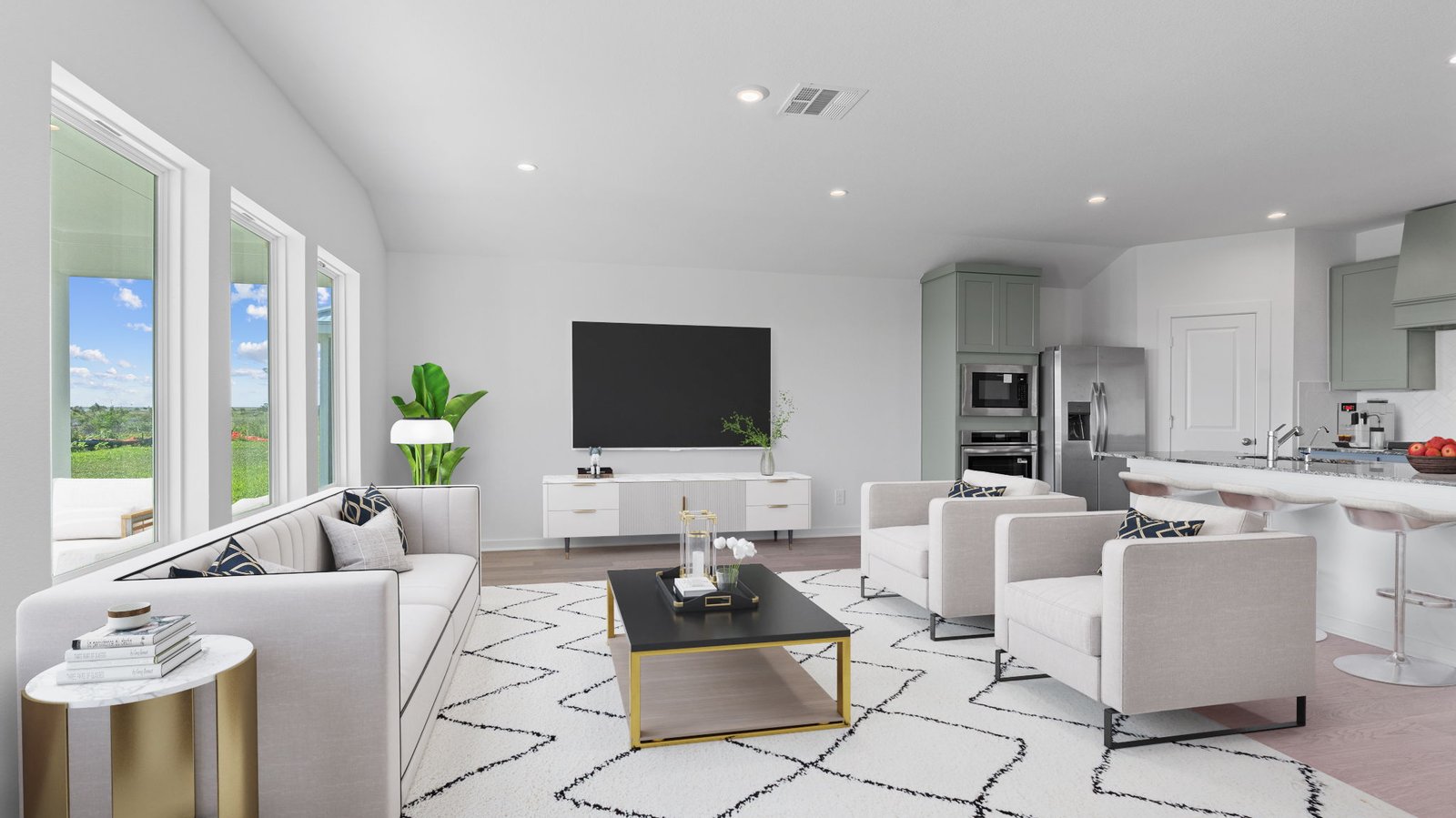 living area with large windows virtually staged with furniture