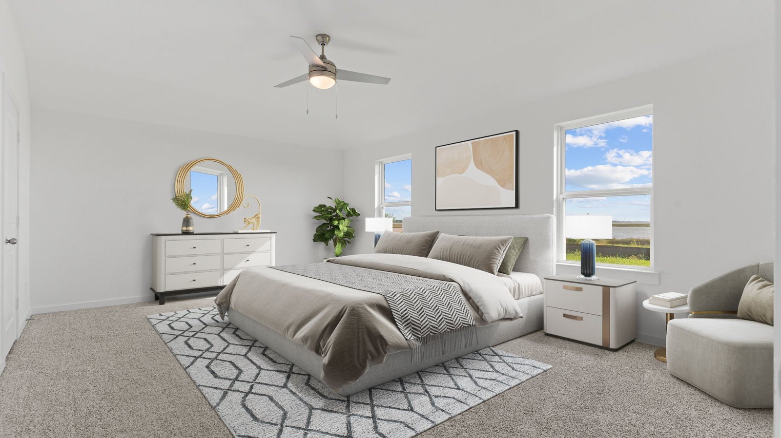primary bedroom staged with furniture