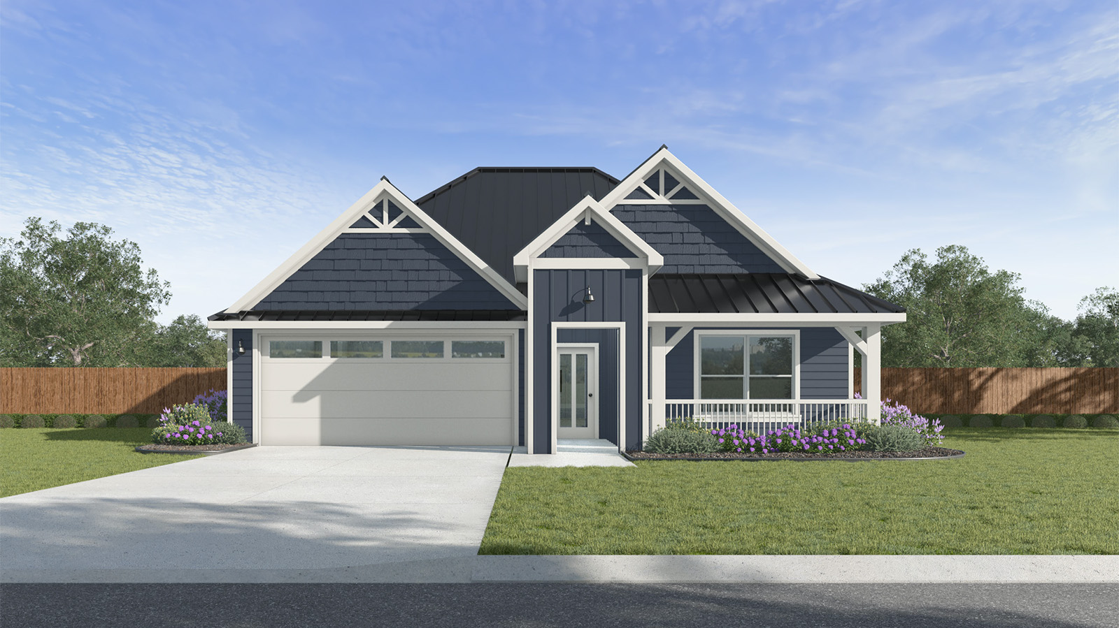 Single story rendering with a two car garage