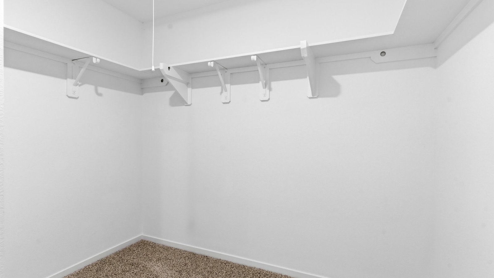 A spacious walk-in closet off the primary bathroom with multiple hanging rods, and shelves for maximum storage capabilities.