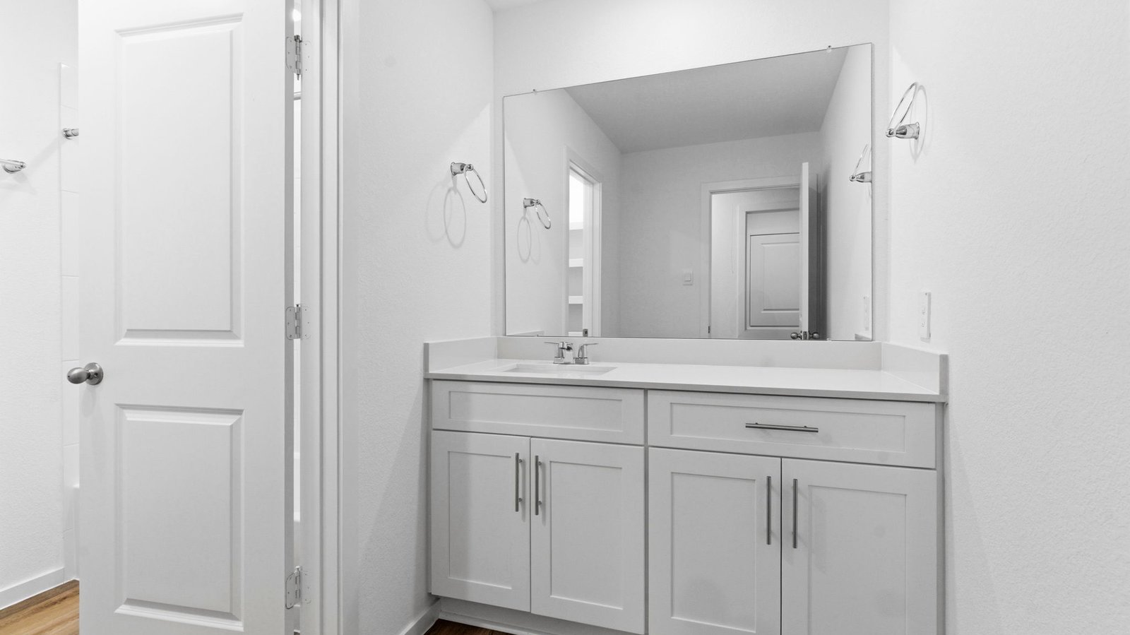 primary bathroom vanity with two sinks