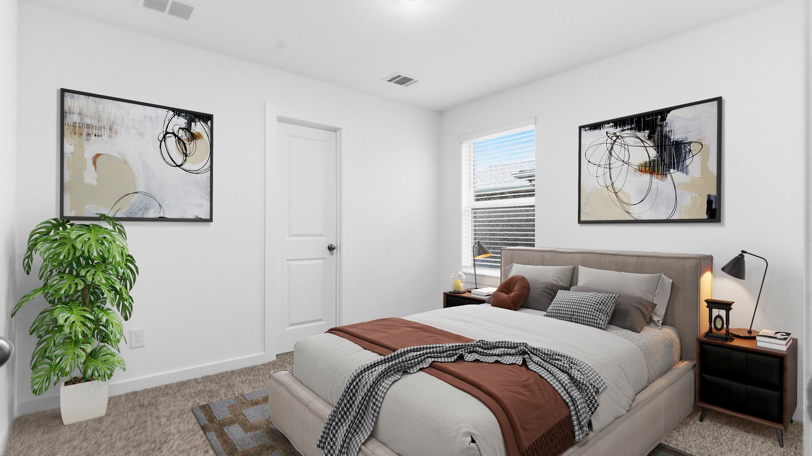 A third bedroom with neutral walls, plush carpet flooring and a separate closet.