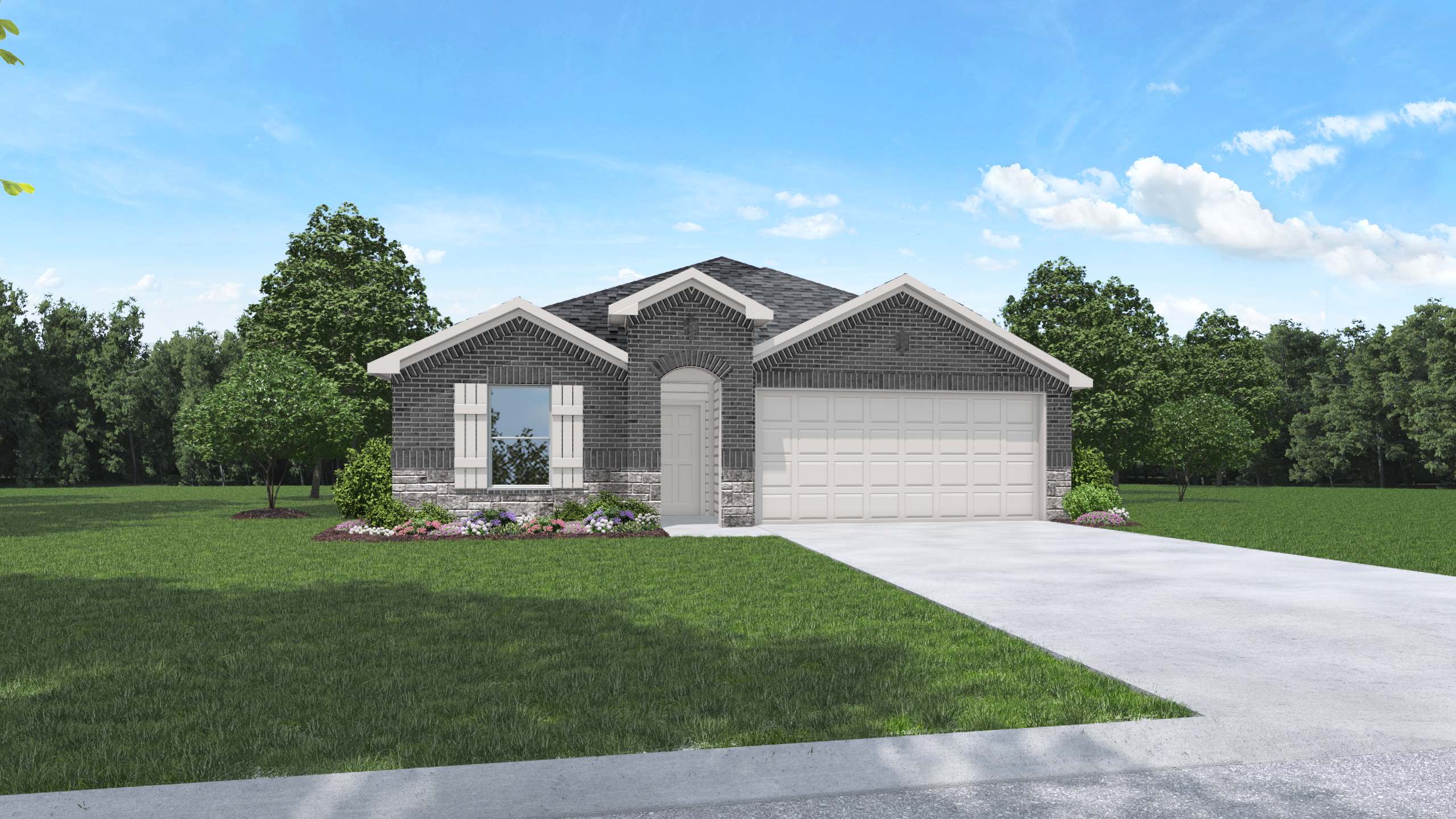 Single story brick home with a two car garage rendering