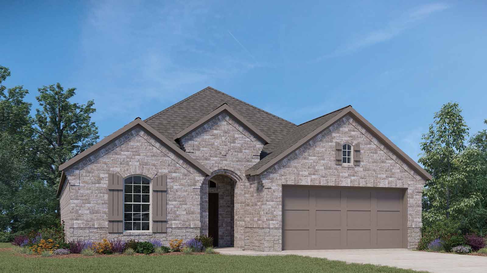 Single story brick home with a two car garage rendering