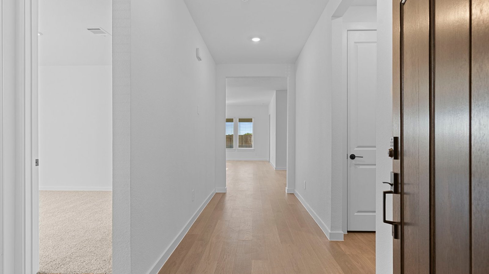 Entry hallway leading to living room and kitchen in the background.