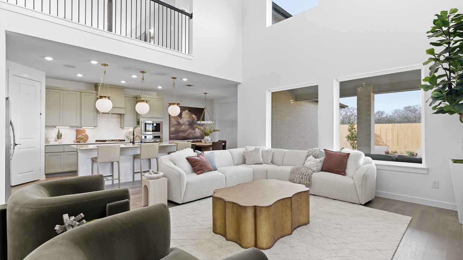 living room with tall ceilings