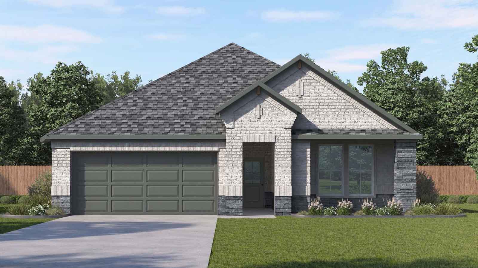 Single story brick home with a two car garage rendering