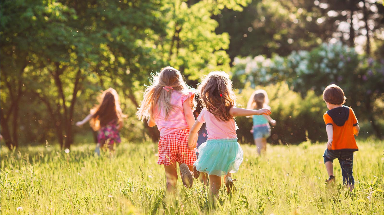 Children running in the grassy field playing