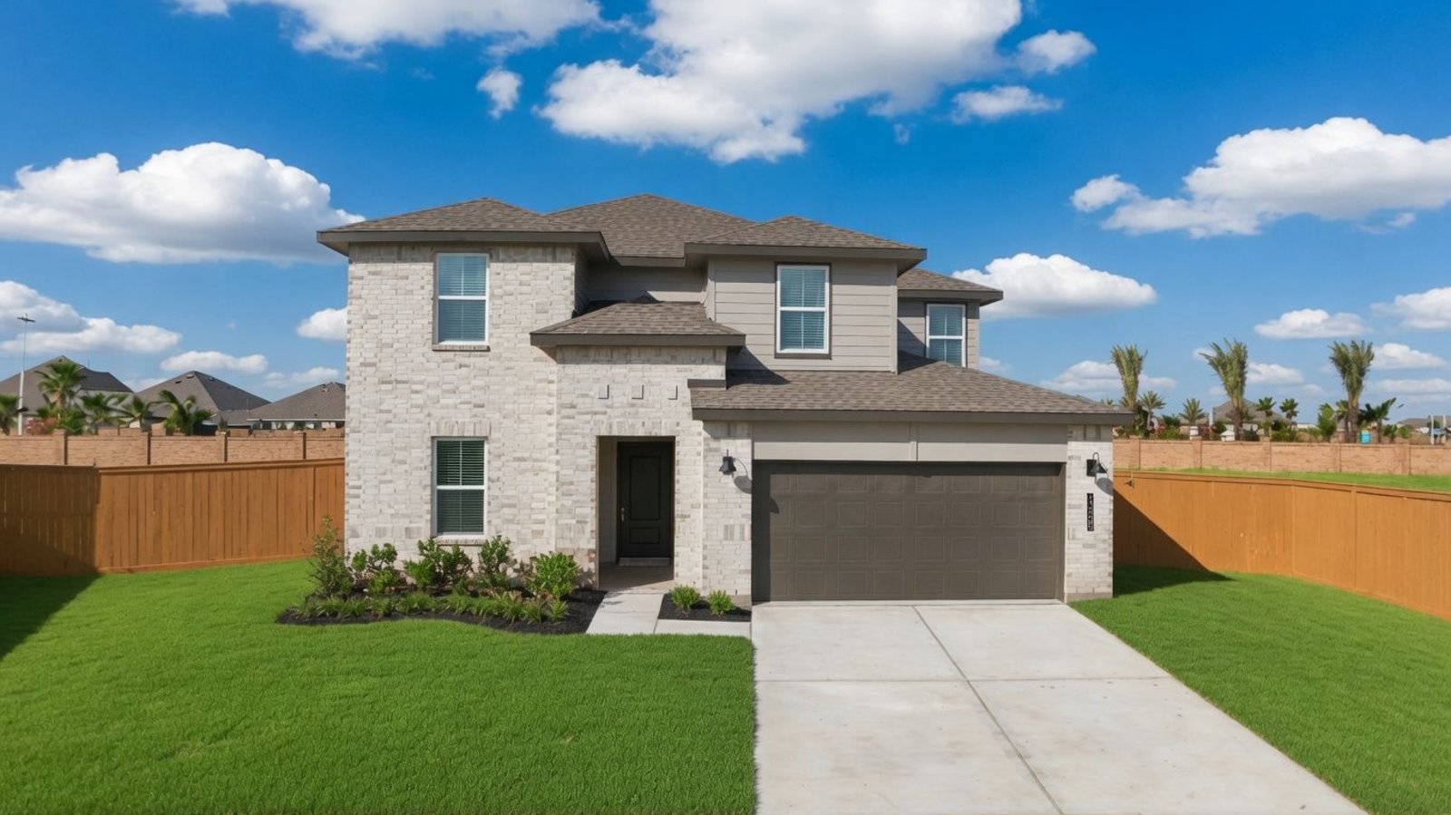 A two-story home with brick and stone exterior with a two-car garage and a well-maintained front lawn in texas city