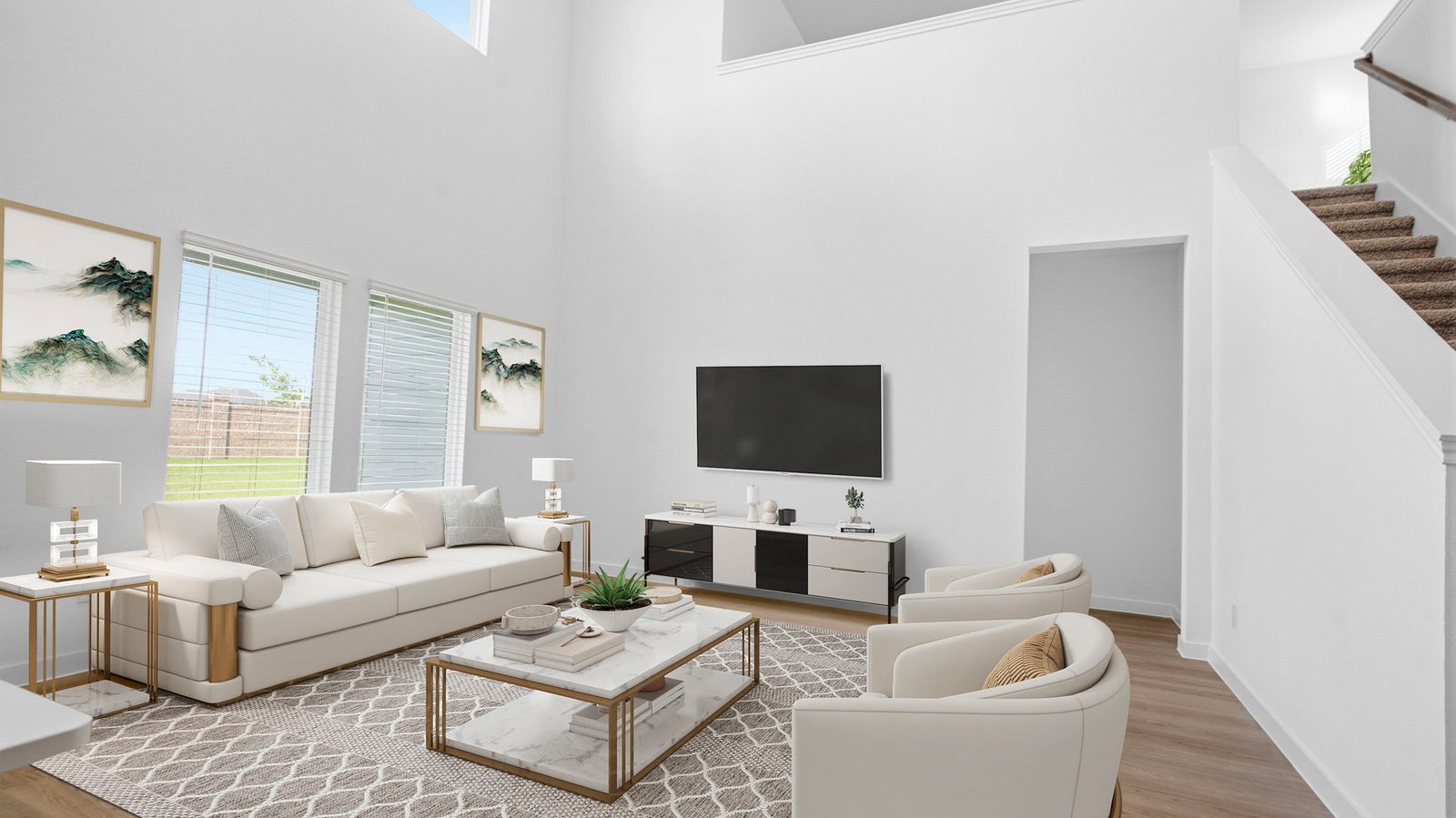 A cozy living room featuring a comfortable couch, a stylish coffee table, and an elegant painting on the wall.