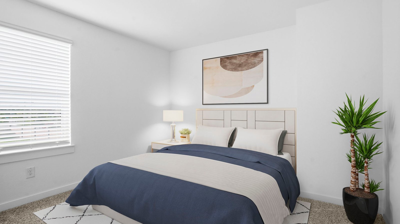A vibrant bedroom showcasing a neatly made bed, a stylish dresser, and a playful painting that adds charm.