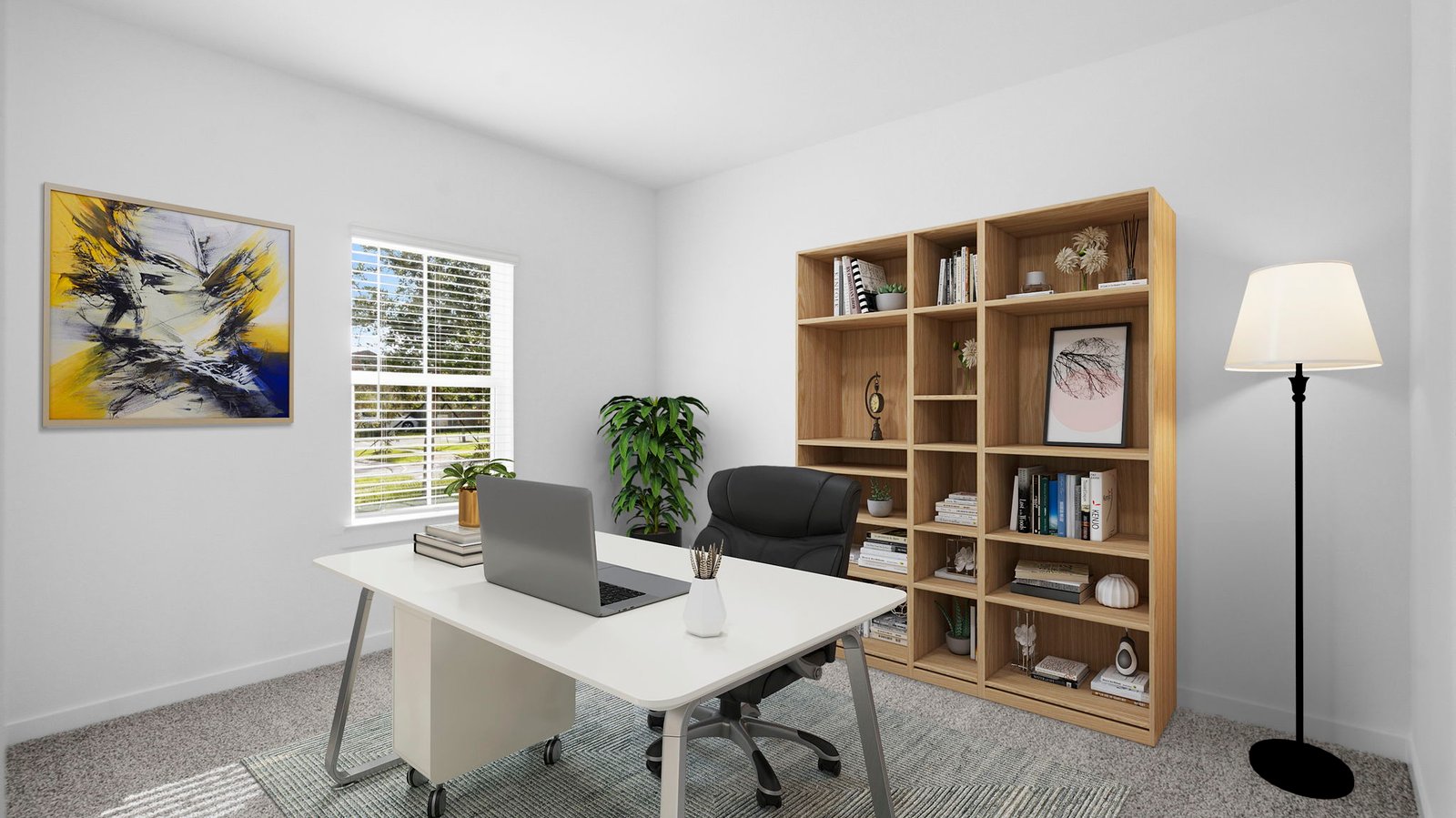 A tidy office featuring a desk, chair, and a window, creating a bright and organized workspace.