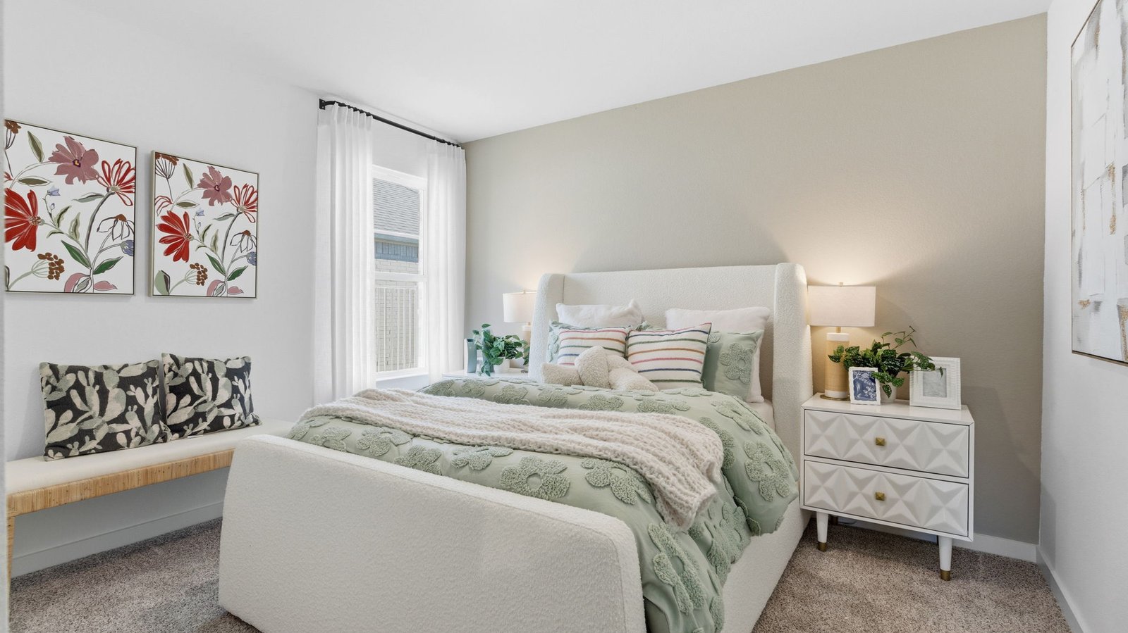 A third bedroom with neutral walls, plush carpet flooring and a separate closet.
